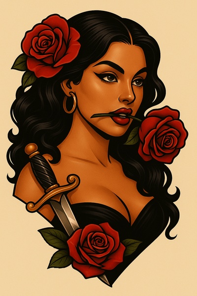 Stylized Portrait of a Woman with Roses and a Dagger