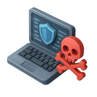 3D Cyber Warfare Icon with Shield and Skull