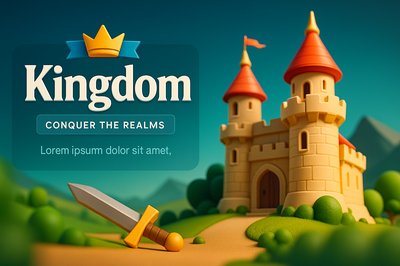 3D Kingdom Illustration with Castle and Sword Elements