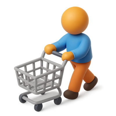 3D Shopping Cart Icon with Character Illustration