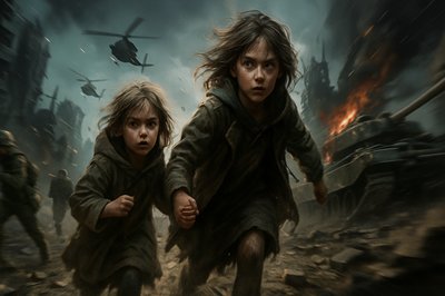 Desolate Cityscape with Children Amidst Conflict