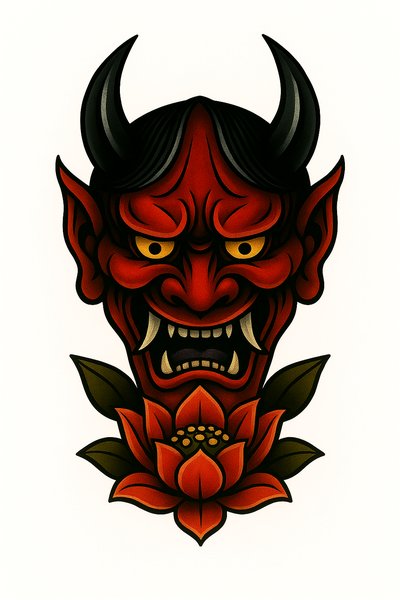 Vibrant Red Demon Mask with Lotus Design