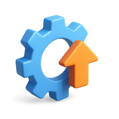 3D Gear Icon with Upward Arrow in Isometric View