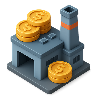 3D Icon of a Coin Factory with Coins Stacked