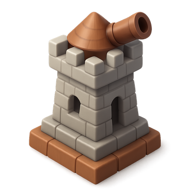 3D Castle Tower Icon with Cannon for Game Design