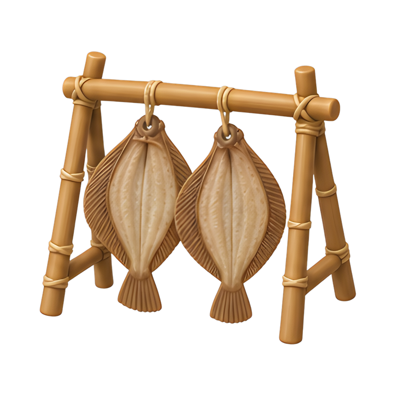 dried flatfish on bamboo rack