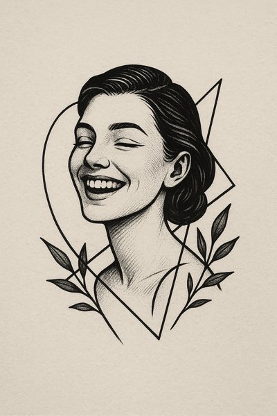 Stylized portrait of a smiling woman with floral elements