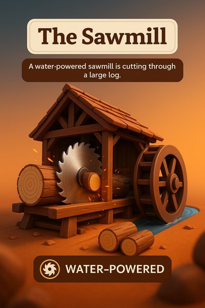 3D Illustration of a Water-Powered Sawmill in Action