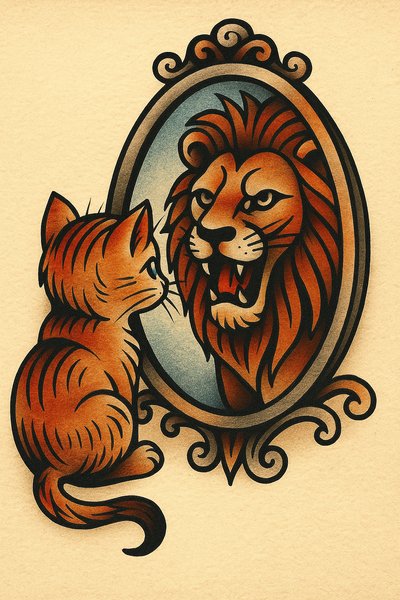 Kitten Gazing at Its Lion Reflection in a Tattoo Style