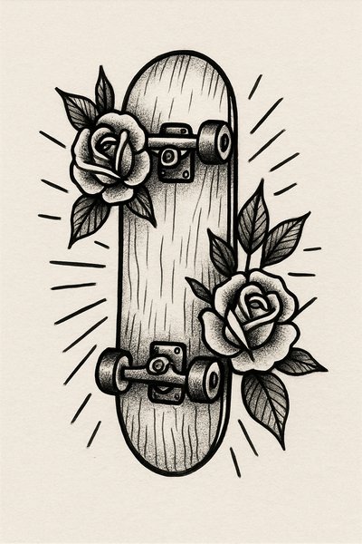 Vintage Tattoo Style Skateboard with Roses