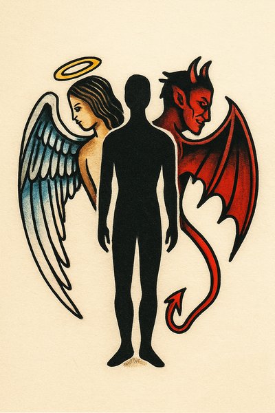 Silhouette with Dual Shadows: Angel and Demon Tattoo Design