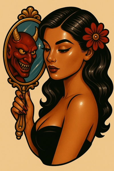 Stylized Tattoo of a Woman with a Demon Reflection