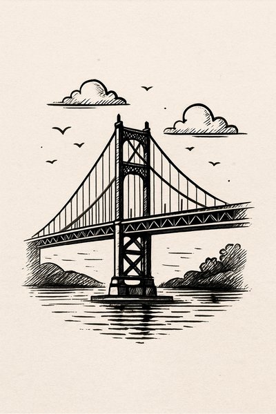 Illustration of a Bridge with Clouds and Birds