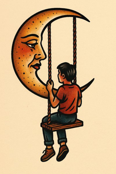 Person on Swing Hanging from the Moon in Colorful Tattoo Style