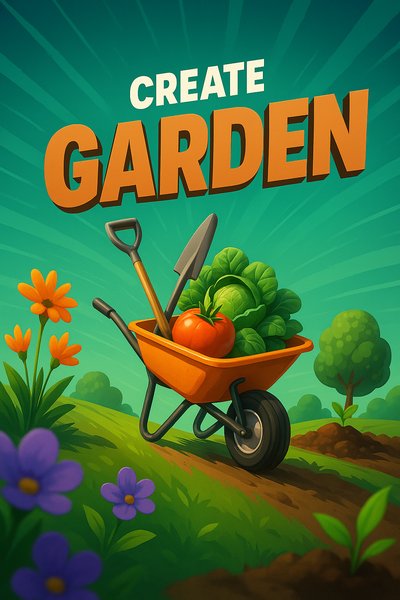 Vibrant Garden Scene with Wheelbarrow and Vegetables
