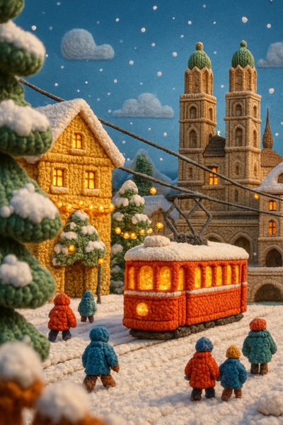 Charming Winter Scene in Zurich with Whimsical Yarn Elements