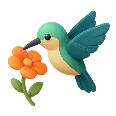 3D Hummingbird Icon with Flower in Isometric View