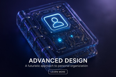 Hyperrealistic 3D Address Book with Neon Glow and Circuit Design