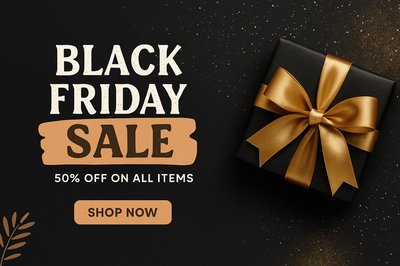 Black Friday Sale Banner with Gift Box and Gold Ribbon