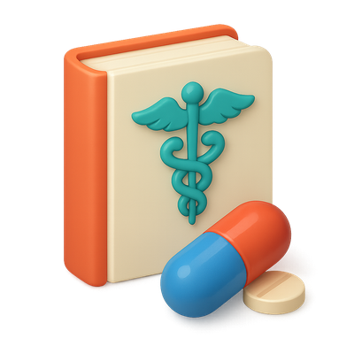 3D Pharmacy Icon with Pill and Book Design