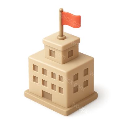 Stylized Building with Flag in 3D Representation