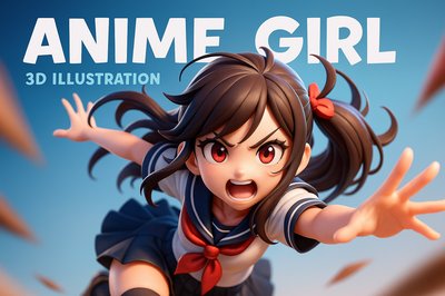 Dynamic 3D Illustration of an Anime Girl in Action