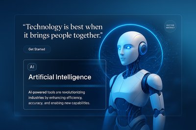 Futuristic 3D Web Design Featuring AI and Technology Elements