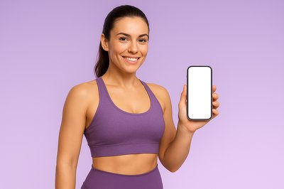Fitness Trainer Holding Phone Against Purple Background