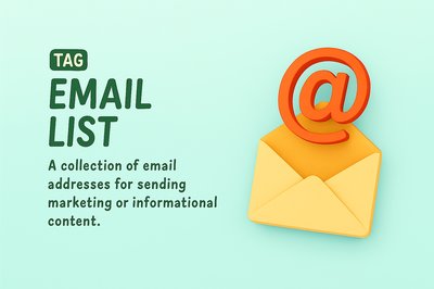 3D Email List Concept with Envelope and @ Symbol