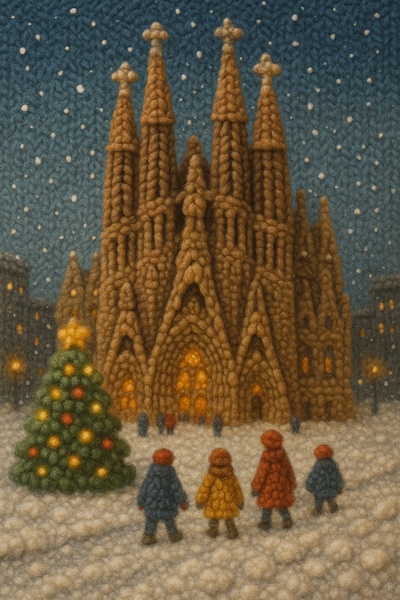 Knitted Sagrada Familia in a Cozy Winter Scene