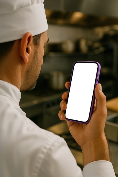 Chef in White Coat Holding Purple Phone in Kitchen