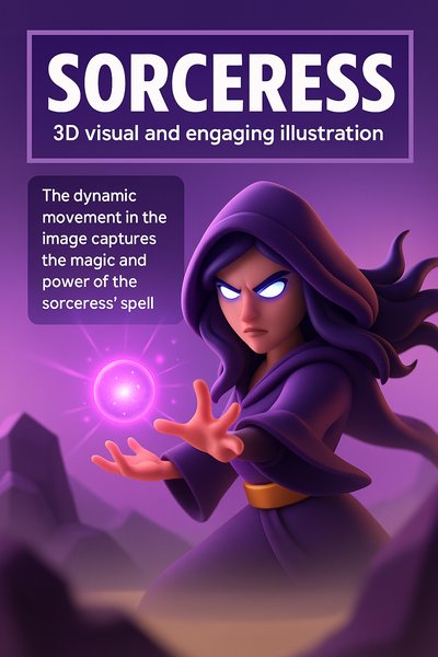 Dynamic 3D Illustration of a Sorceress Casting a Spell