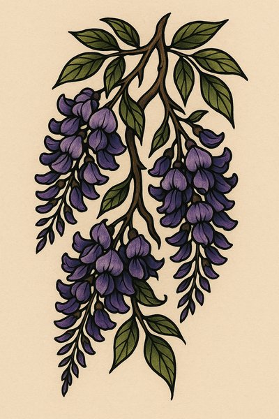 Illustrative Design of Wisteria Flowers and Leaves
