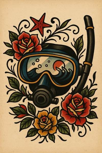 Vintage Dive Mask with Floral Elements in Retro Style