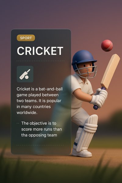 Stylized 3D Cricket Illustration with Integrated Text Blocks