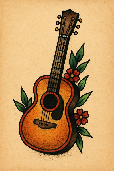 Illustrative Acoustic Guitar with Floral Elements