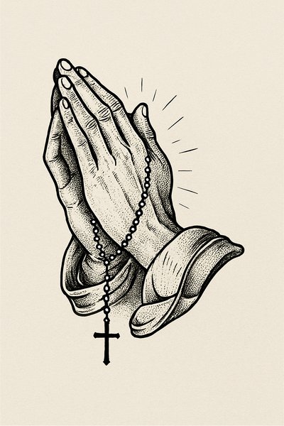 Illustration of Praying Hands with Rosary Beads