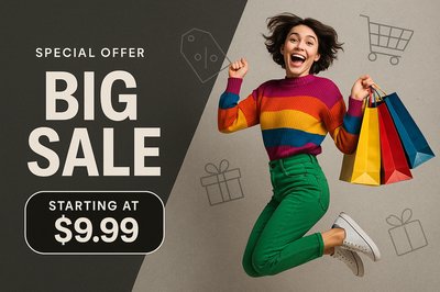 Vibrant Shopping Sale Ad Featuring Joyful Woman