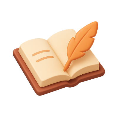 Stylized 3D Literature Icon with Book and Quill