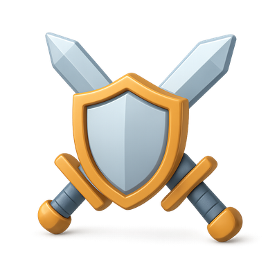 Stylized 3D Crossed Swords and Shield Icon