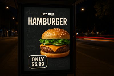 Dynamic Night Billboard for Hamburgers with Bold Typography