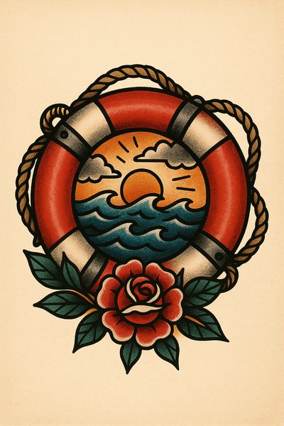 Colorful Vintage Lifebuoy Tattoo Design with Rose