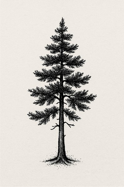 Detailed monochrome illustration of a coniferous tree