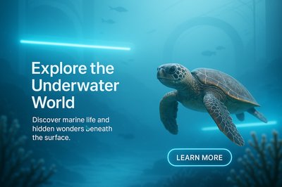 Underwater Exploration Promotional Graphic Featuring a Sea Turtle