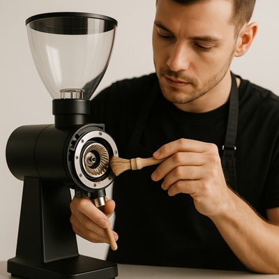 Barista Cleaning a Modern Coffee Grinder in Minimalist Style