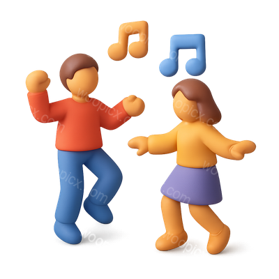 Dynamic 3D Dancing Duo Icon with Music Notes
