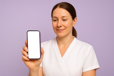 Relaxed Massage Therapist Holding Purple Phone