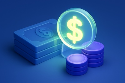 Glowing 3D Icon of Dollar Sign with Cash and Coins