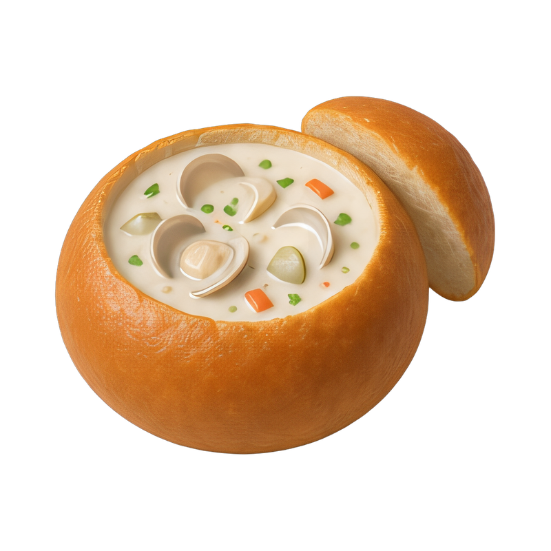 creamy clam chowder in bread bowl