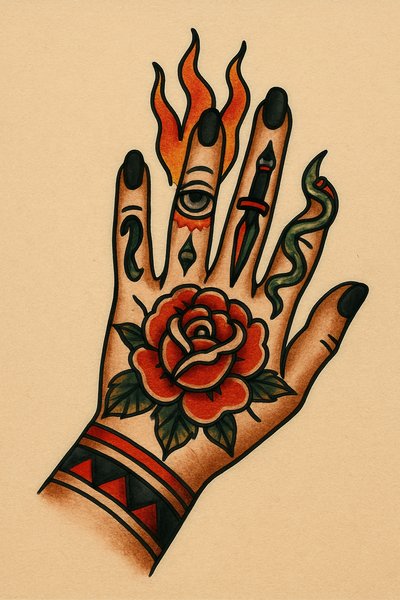 Colorful Tattoo Design of a Hand with Floral and Symbolic Elements